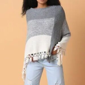 Chic Gray and White Women's Poncho with Fringe